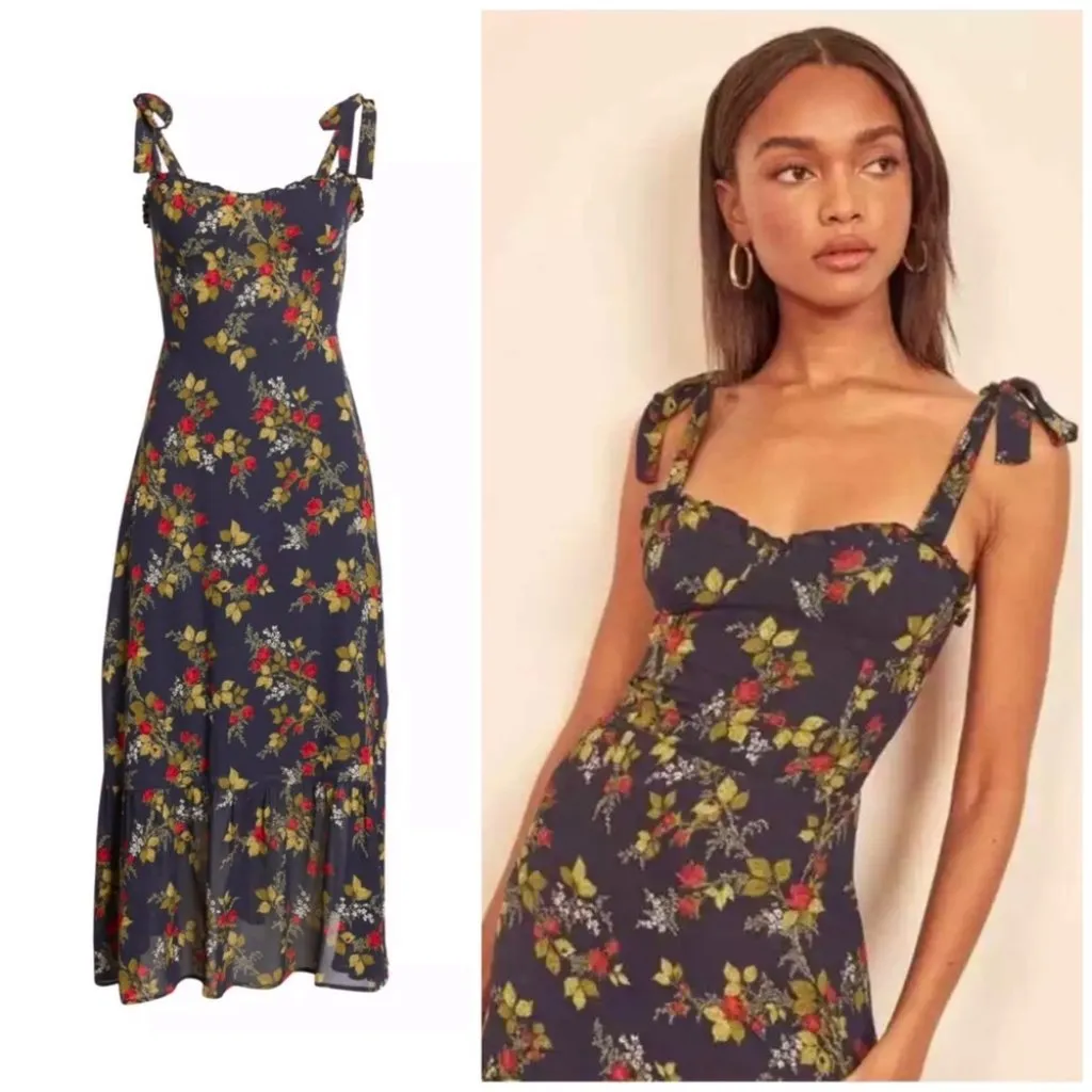 Reformation • Nikita Midi Dress in Bordeaux navy blue floral tie strap ruffle - Image 4