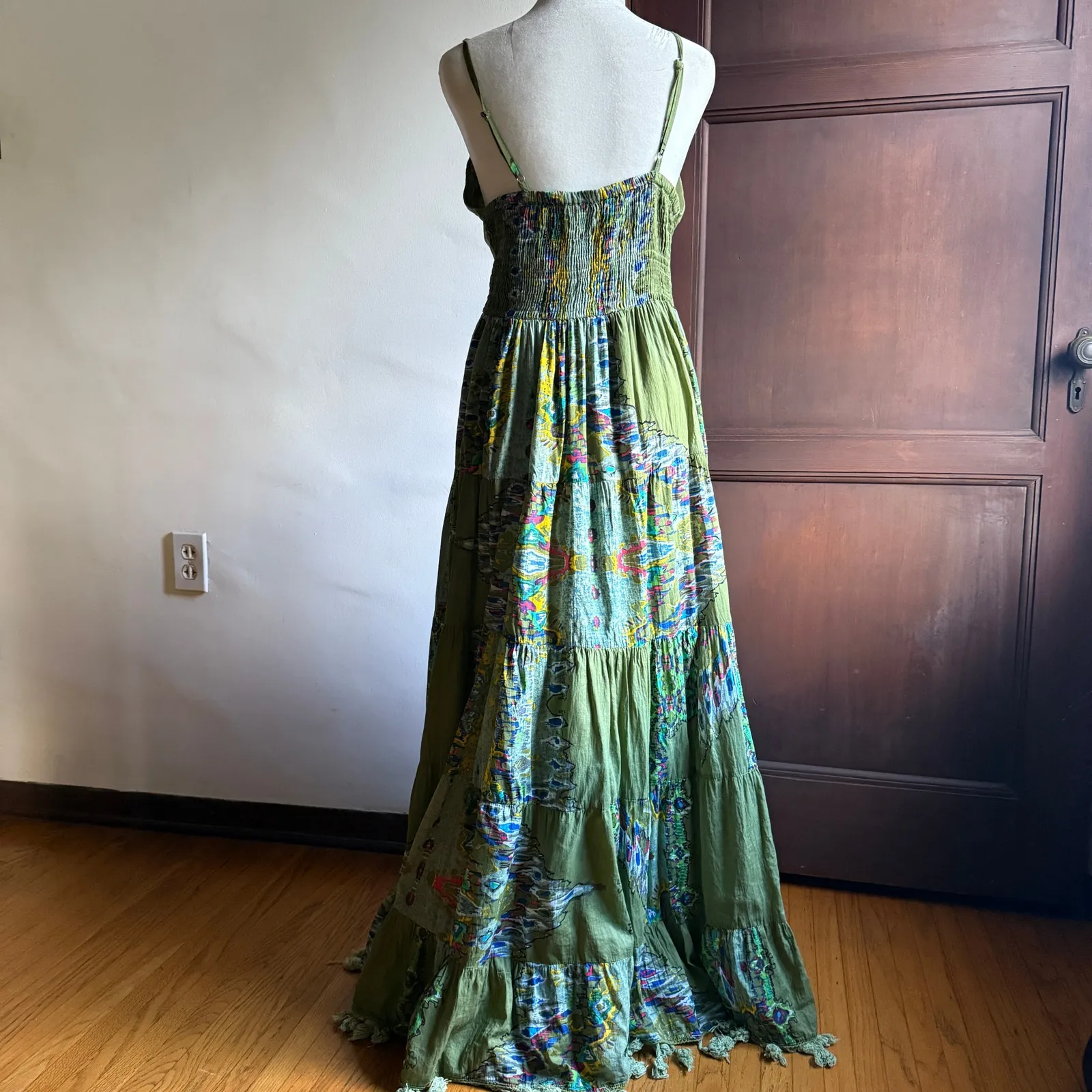 BAROK | Anthropologie Green Floral Beaded Tiered Maxi Dress Tassel Fringe Small - Image 6