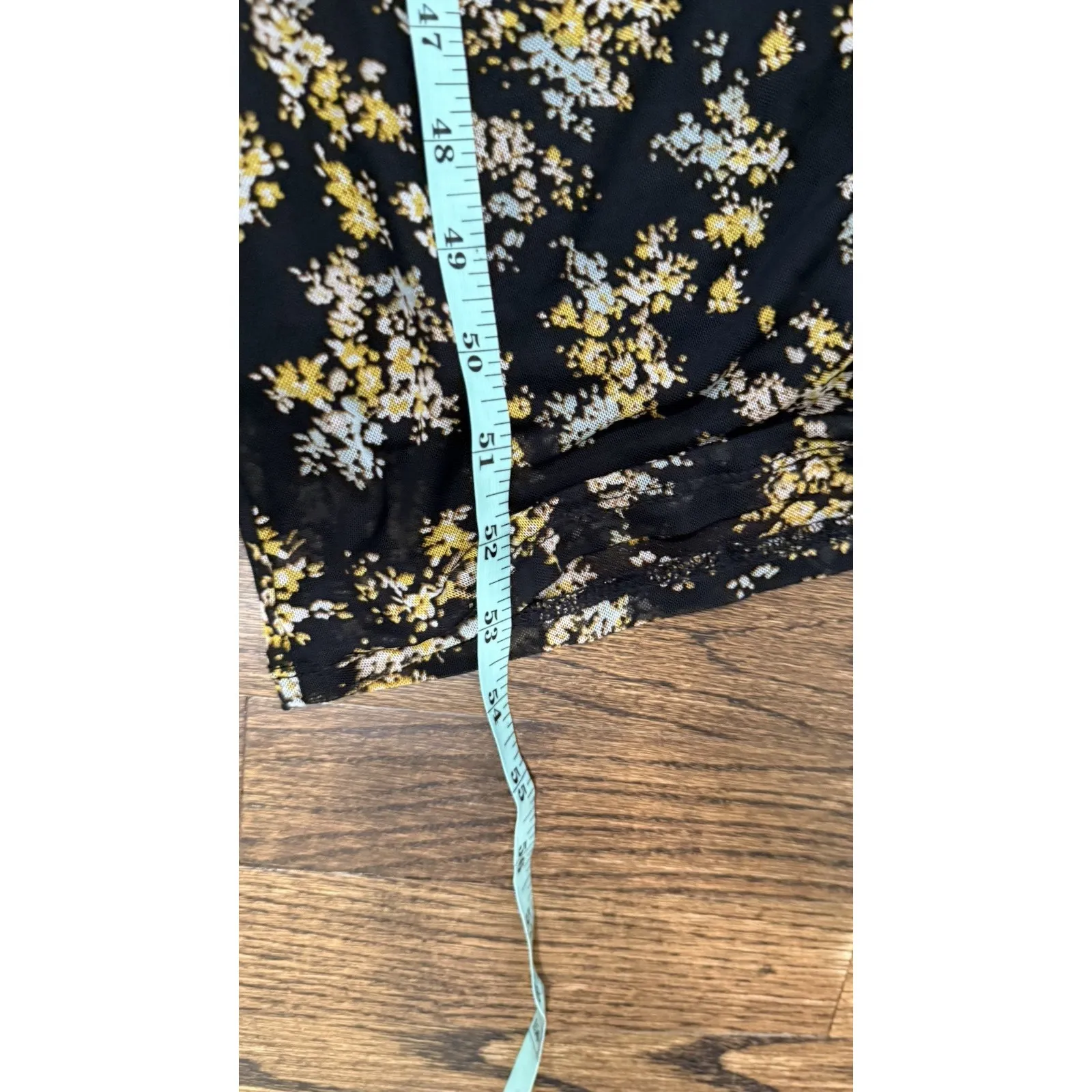 AFRM Tezza Black & Yellow Floral Ruched Mesh Midi Long Sleeves Dress Large 2475 - Image 7