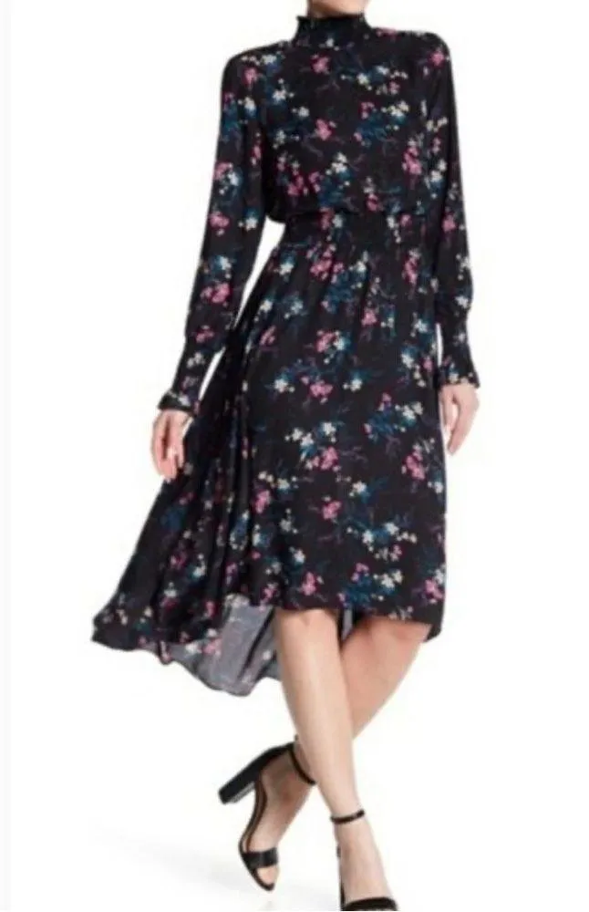 Nanette Lepore Floral Mock Neck Long Sleeve High Low Midi Dress - Image 2