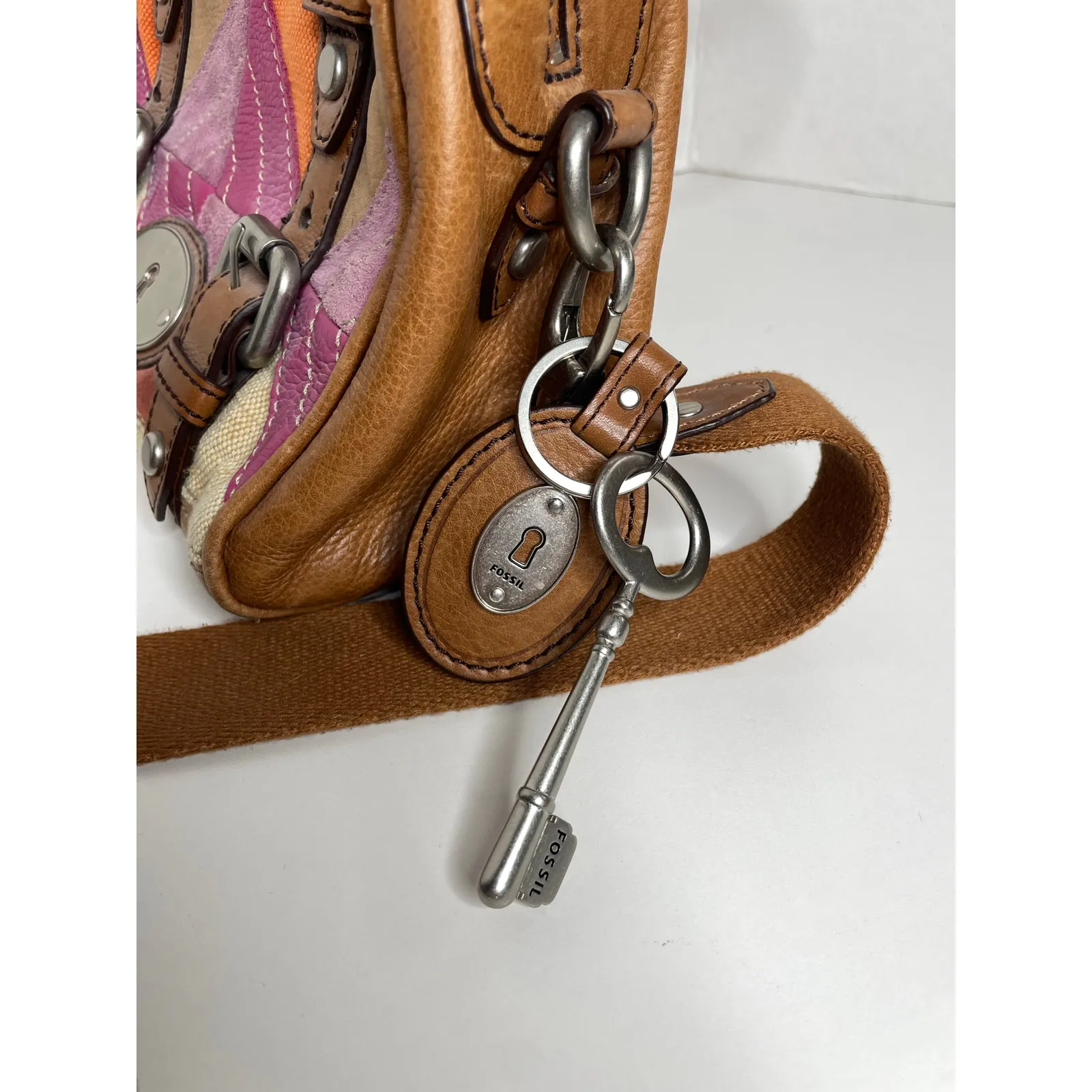 RARE FOSSIL LONG LIVE VINTAGE MADDOX PATCHWORK LEATHER SATCHEL HANDBAG PURSE - Image 5