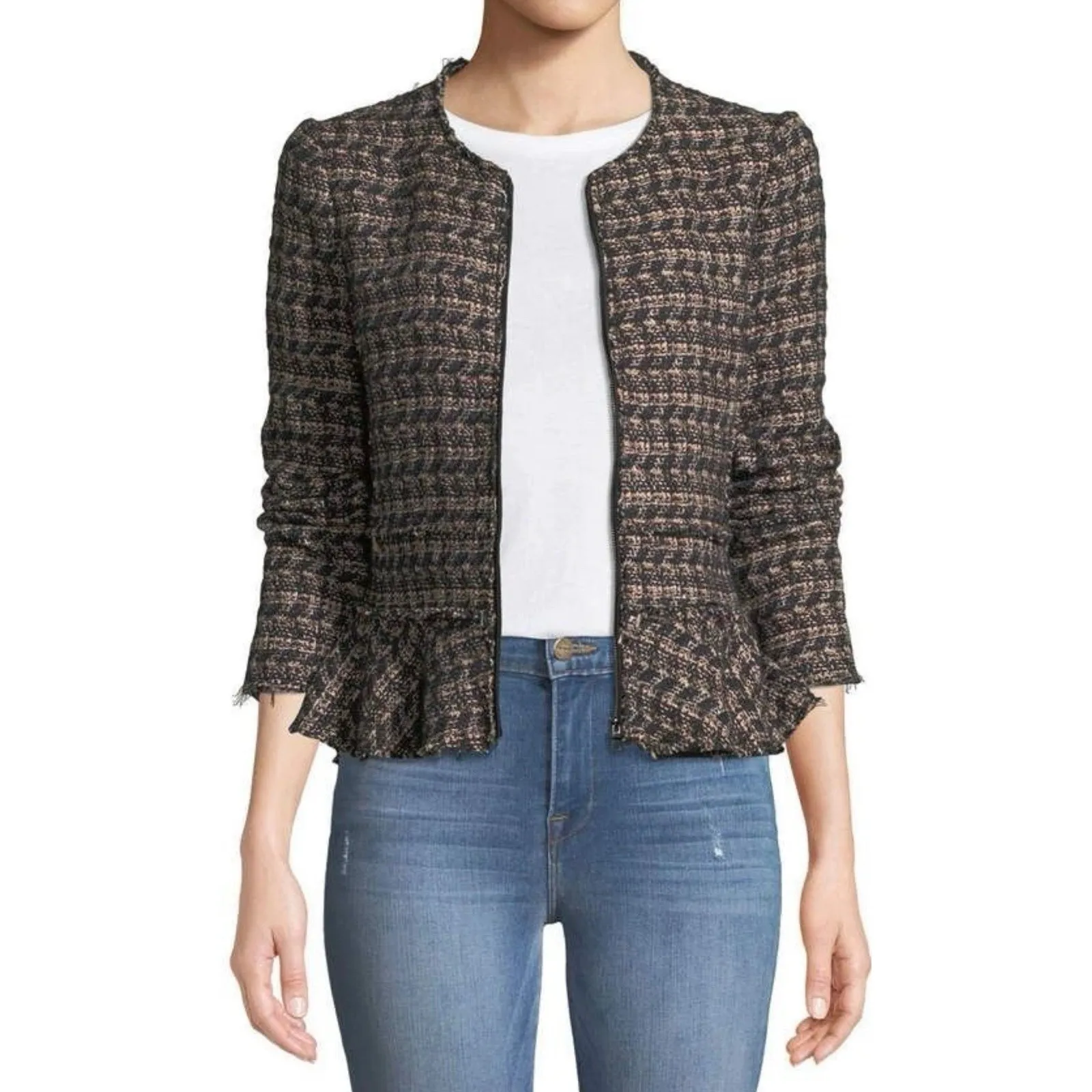 Rebecca Taylor Blazer Jacket Womens Size 4 Navy Zip-Up Tweed Peplum Wool Blend - Image 2