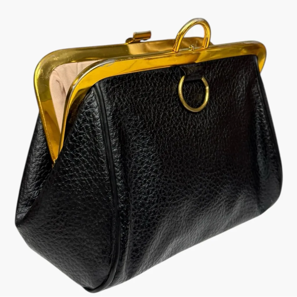 Vintage Black Leather Frame Clutch Gold Tone Handle 1950s Unique Steampunk - Image 2