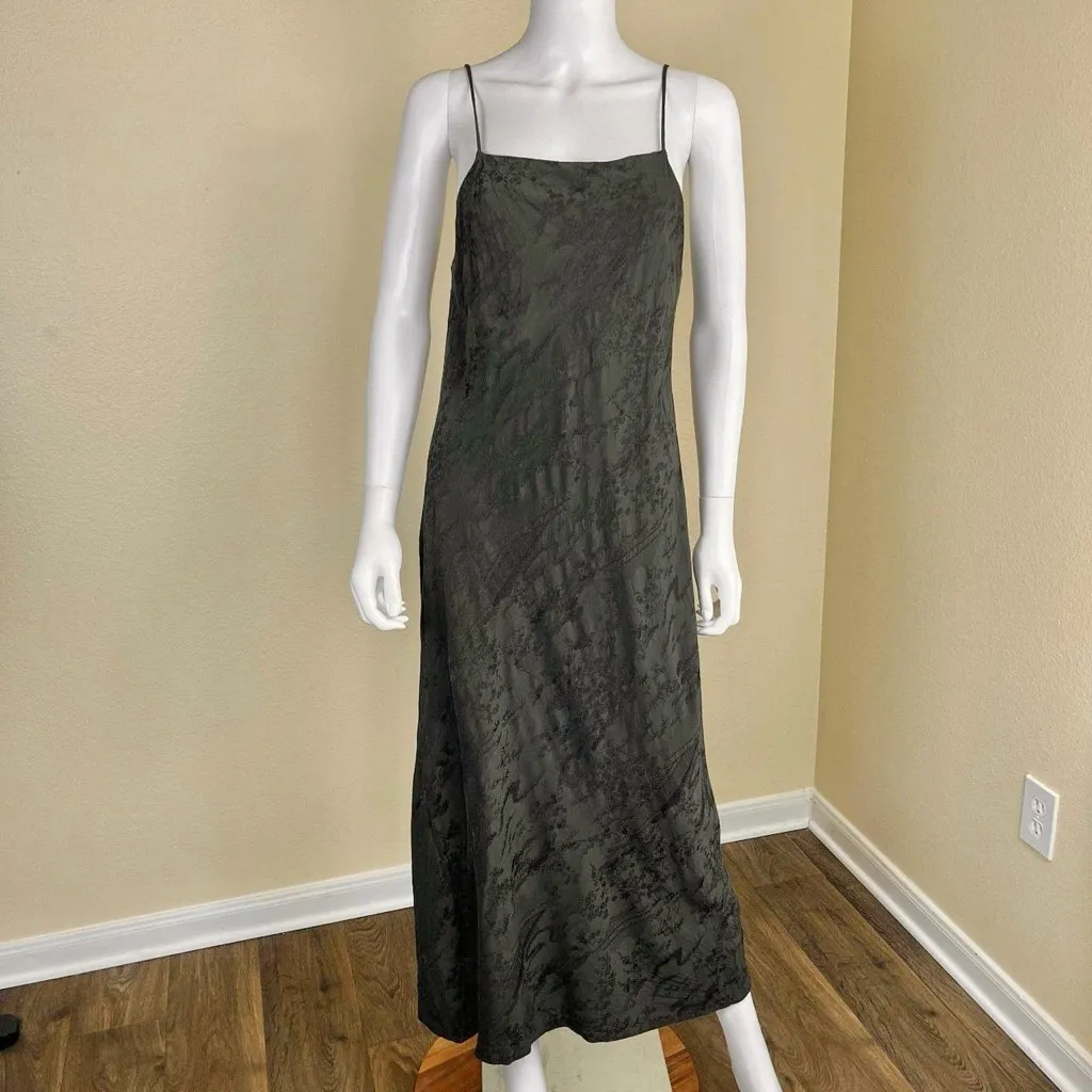 Zara NWT dark hunter green satin embroidered floral print satin maxi slip dress - Image 14