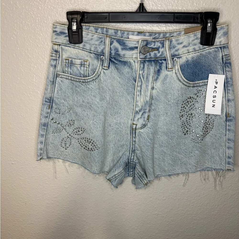 New Pacsun Eco Light Indigo Studded High Waisted Denim Festival Shorts - Image 3