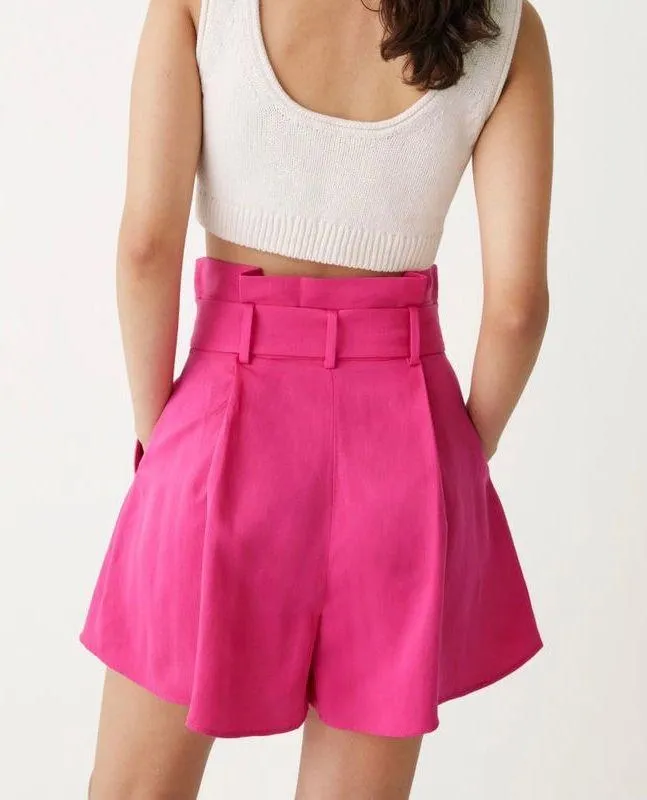 & Other Stories Paperbag High Waisted Wide Leg Shorts Lyocell Linen Pink Size 4 - Image 3