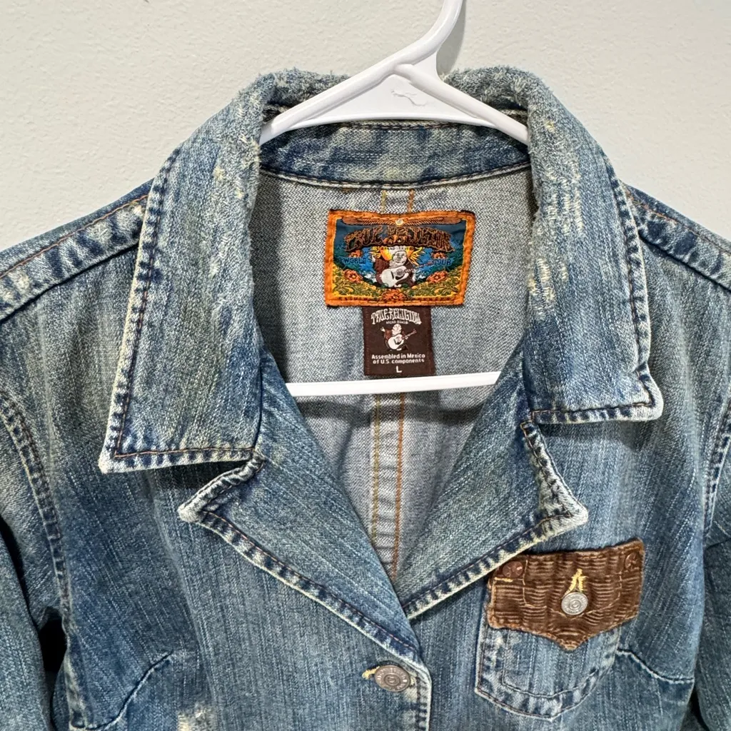 Y2K True Religion Denim Jacket corduroy elbow patch women’s SZ L Retro Vintage - Image 9