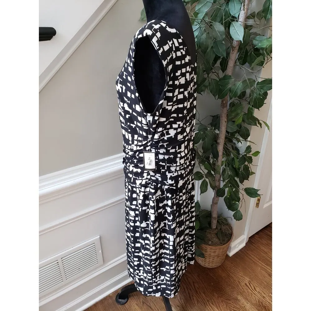 Nine West Sheath Dress Women Size 16 Black Ivory Geo Print Round Neck Sleeveless - Image 13