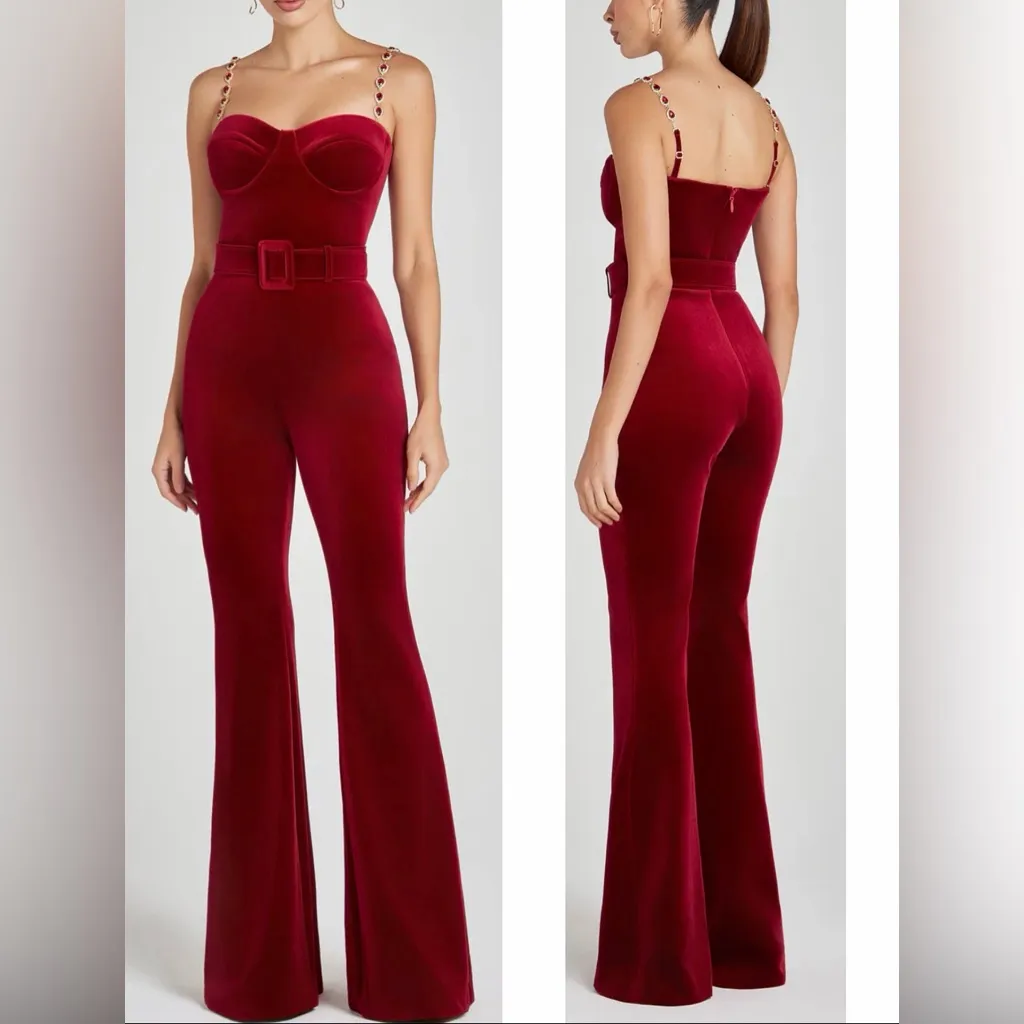 NEW Nadine Merabi Harley Red Velvet Jumpsuit Large Sz 14 $575 - Image 2