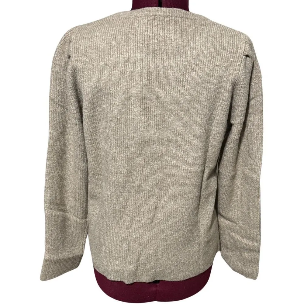 STITCHES & STRIPES Heathered Crew Neck Long Puff Sleeve Sweater Oatmeal Tan XL - Image 4