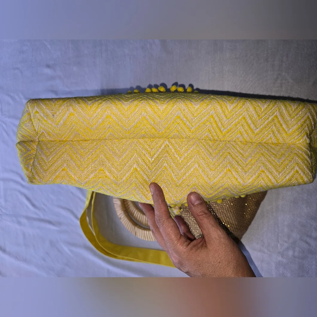 America & Beyond Beaded Lemon Yellow Chevron Fabric Circular Handle Tote Bag - Image 9