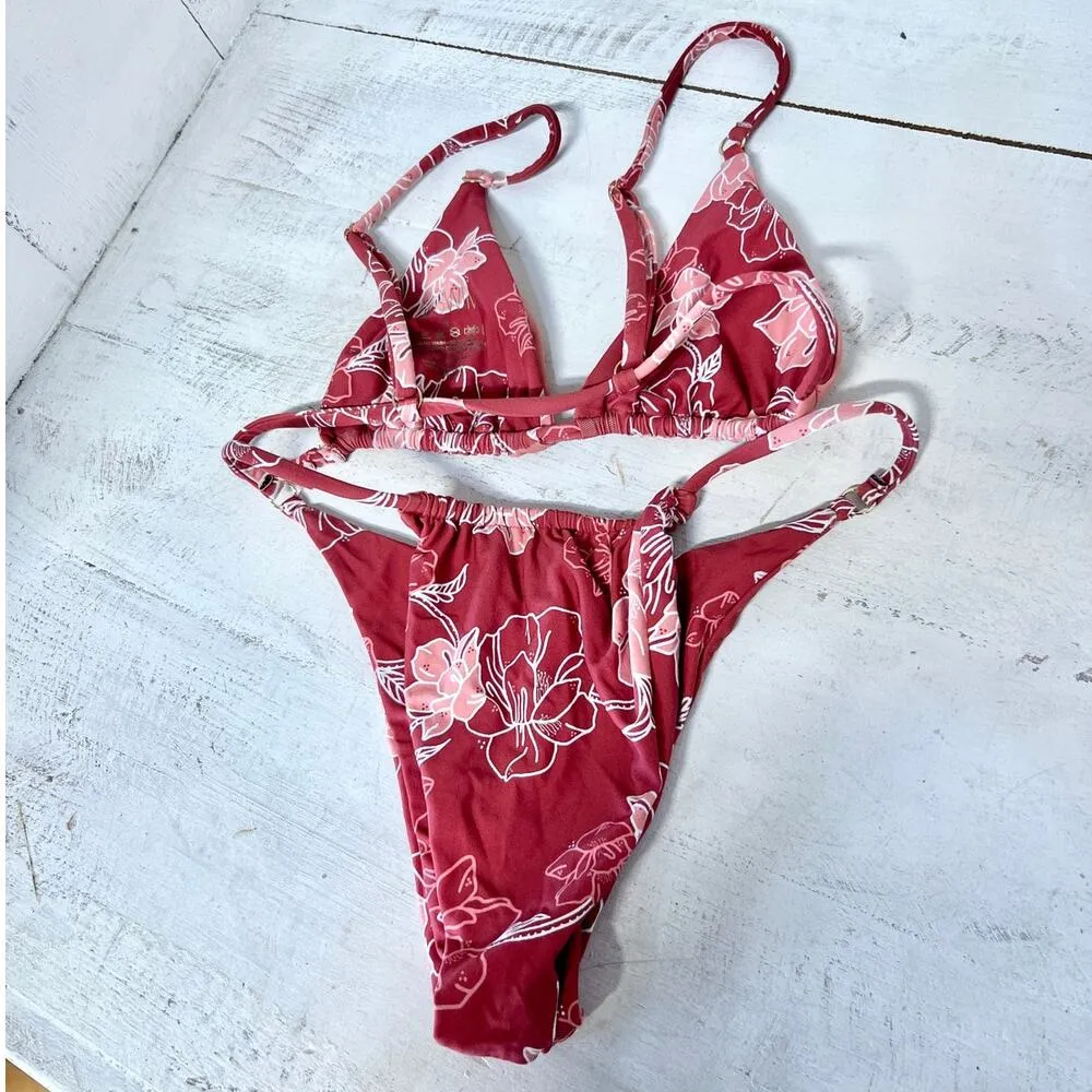 KB Swim Floral Bikini Top & High Leg Bikini Bottom Set Red/Pink Women's Size S Red - Image 4