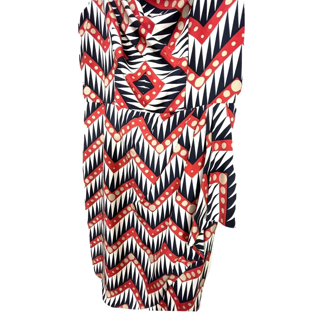 Milly of New York V-Neck Chevron Geo Silk Sheath Midi Dress Size 8 Faux Wrap - Image 4