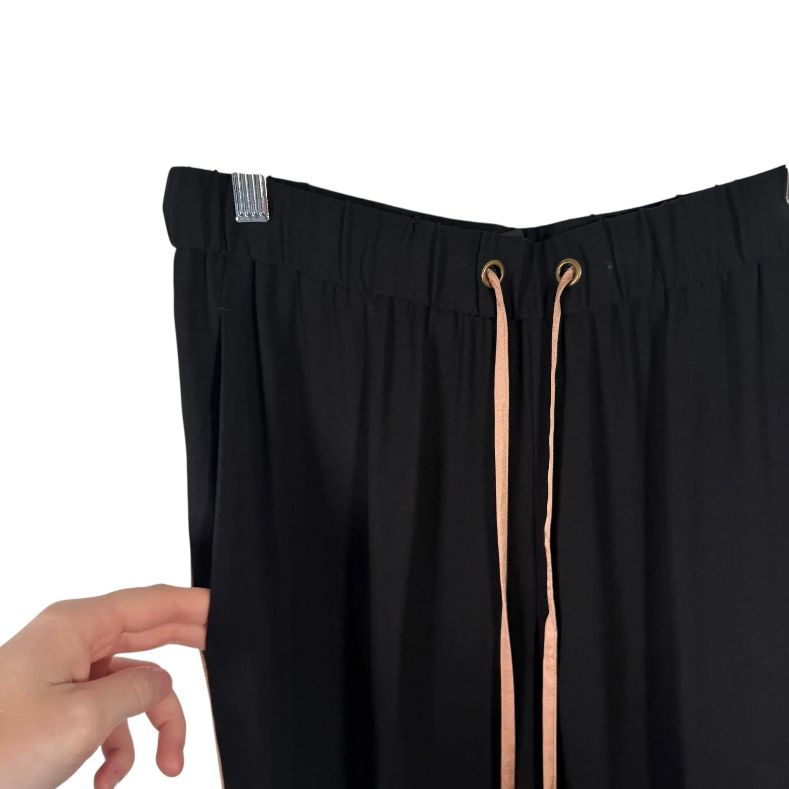 Eileen Fisher 100% Silk Black Pull On Pants Gold Side Piping Career Womens XS - Image 2