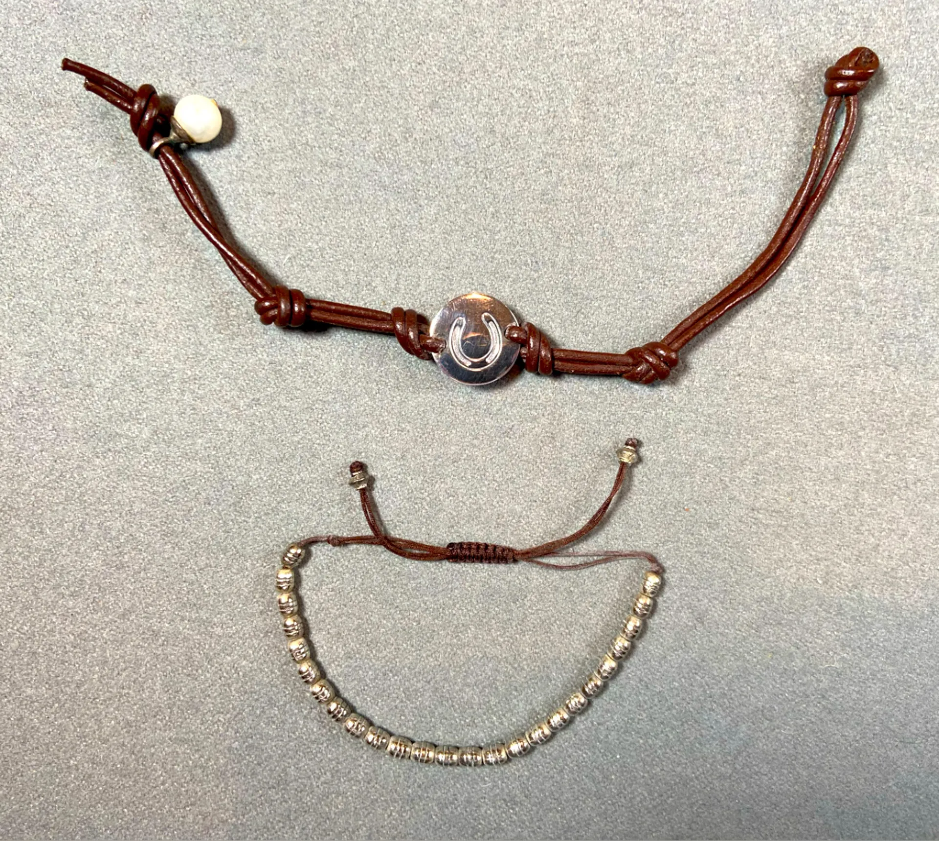 Silver Horseshoe stamp, Leather and Pearl Bracelet with 2nd accent bracelet - Image 1
