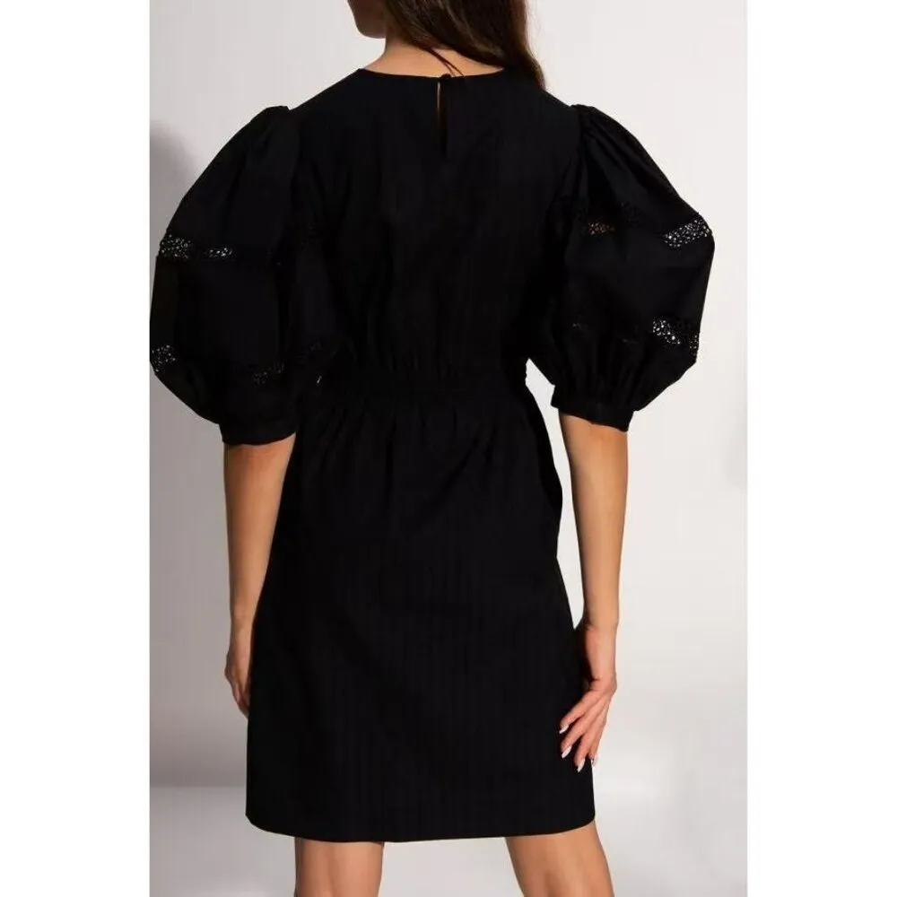 $455 SEE BY CHLOÉ Women’s Puff Sleeve Black Lace Embroidery Shirt Dress Size 40 - Image 3