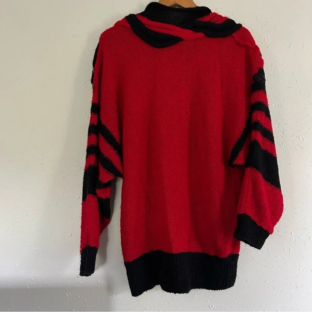 🦋 Vintage Red Black Bejeweled Sequined Fringe Oversized Sweater Retro 80s 90s - Image 3