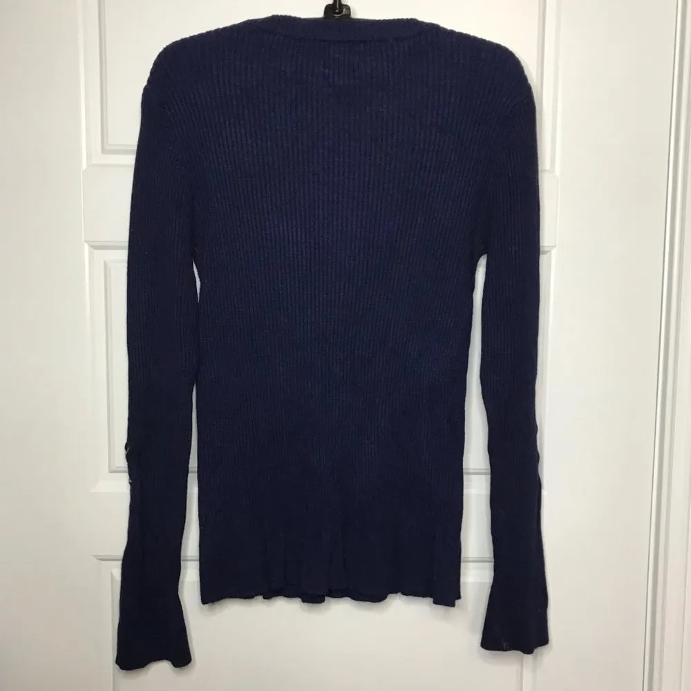 John + Jenn Ribbed Lace Up Long Sleeve Crew Neck Sweater Top Blue Women's Medium - Image 3