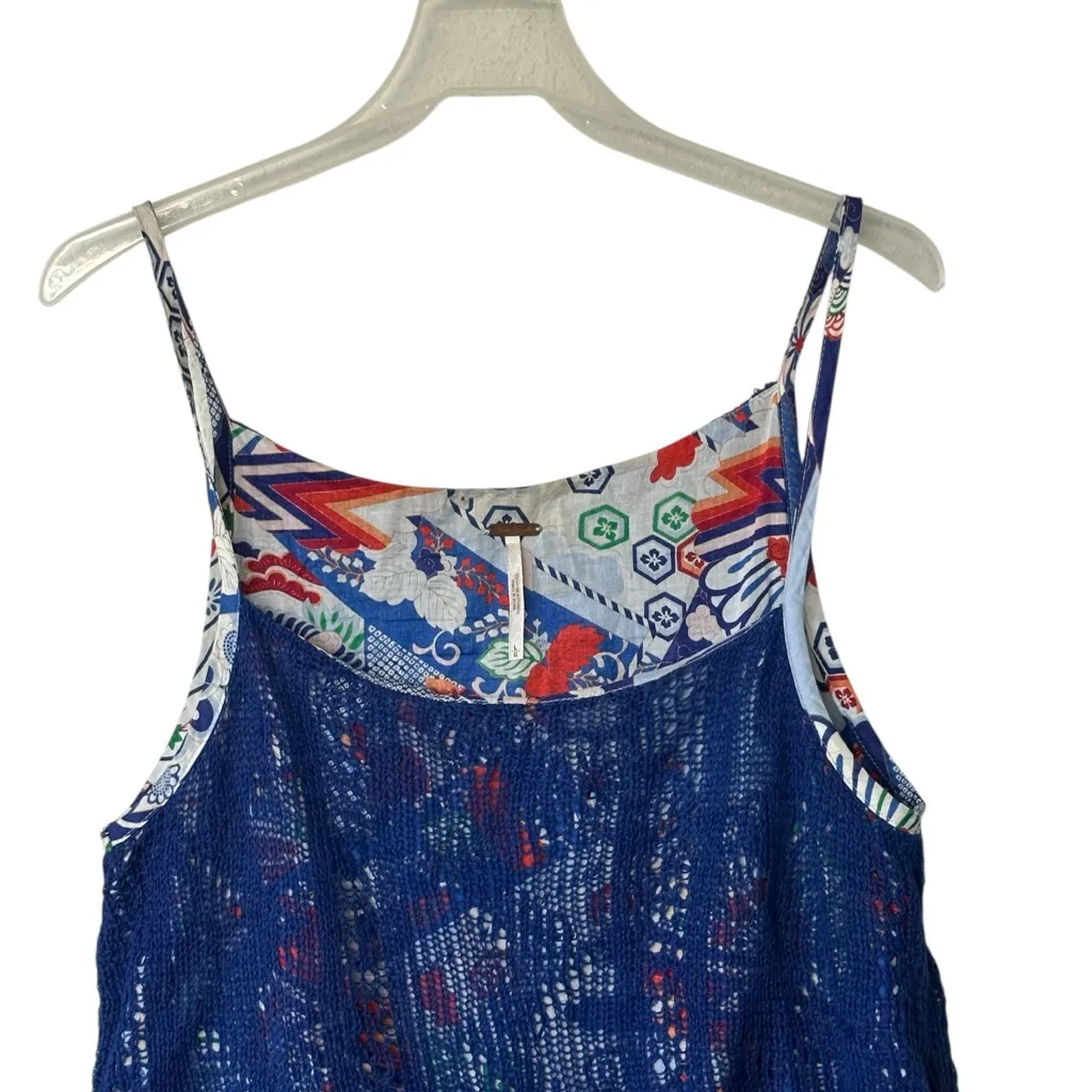 Free People Colorful Floral Cotton Trapeze Boho Tank Dress Lace Overlay Ruffle L - Image 3