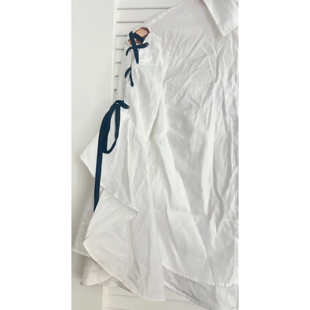 JONATHAN SIMKHAI White Lace Up Bell Sleeve Tier Polin Shirt S Business Office - Image 4