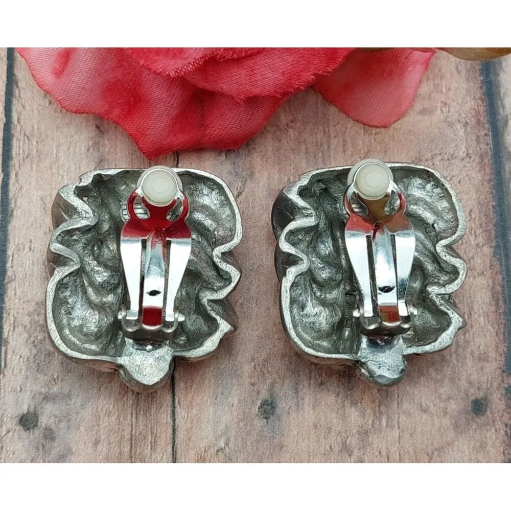Vintage Earrings Clip On 80's Runway Sculptural Modernist Silver Tone Chunky - Image 4