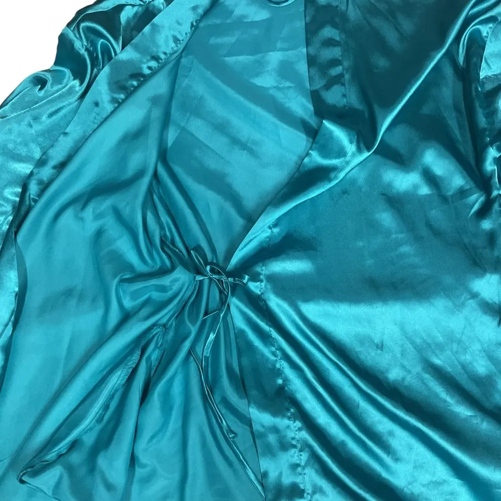 Fredericks of Hollywood Blue Satin Short Kimono Robe Lace‎ Trim Pockets Size M - Image 6