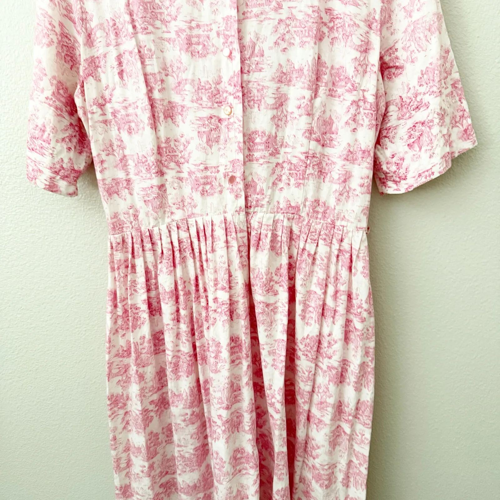 VINTAGE | Pink White Toile Cottagecore Homestead Prairie Dress | Size Large - Image 5