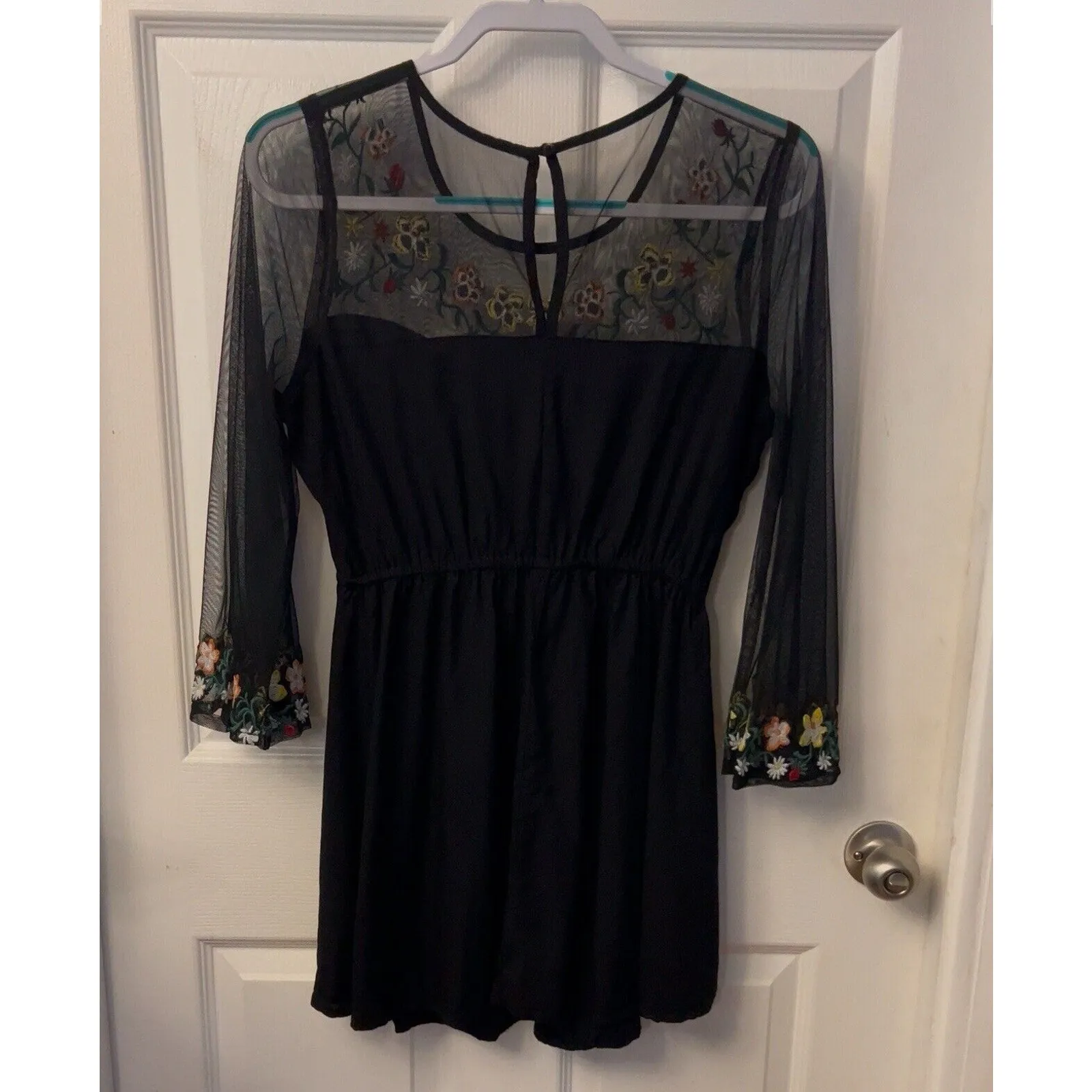 Mini Dress BLK Embroidered Sheer Sleeves/Elastic Waist True Destiny No Size Boho - Image 5