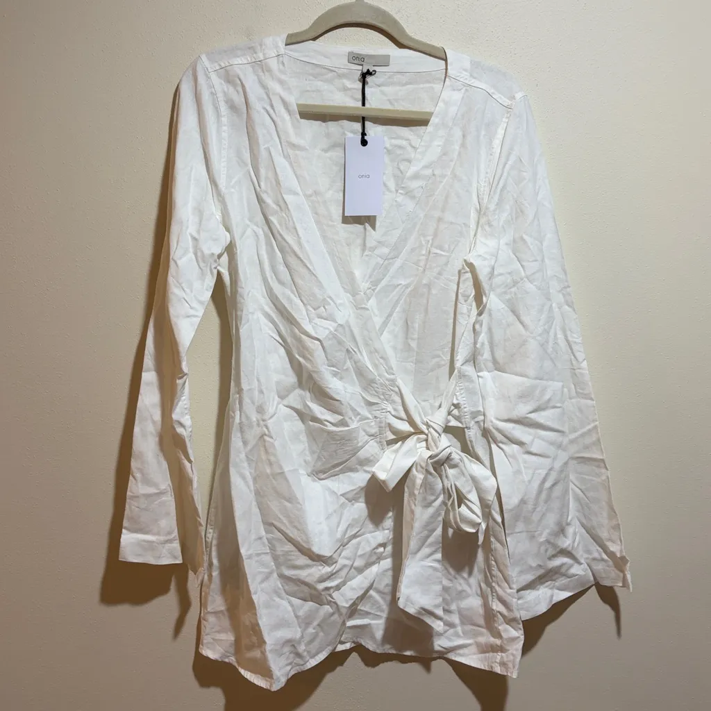 NEW Onia Air Linen Blend Wrap Dress Mini White Bell Sleeves Wrap Size Large - Image 2