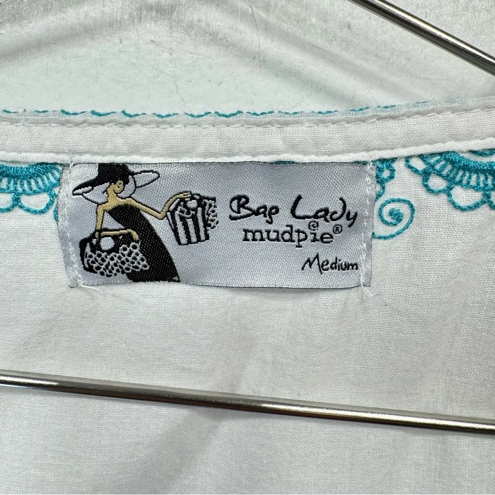 Bag Lady Mudpie White Tunic Swimsuit Cover Up Teal Embroidered Paisley Floral Size M - Image 6
