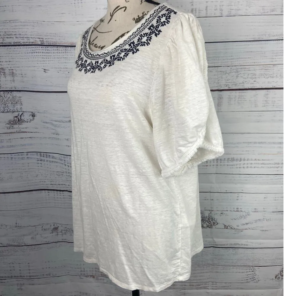 Chicos 2 Linen Blend Embroidered Tee Shirt Womens L Fringe Hem Sleeves White - Image 6