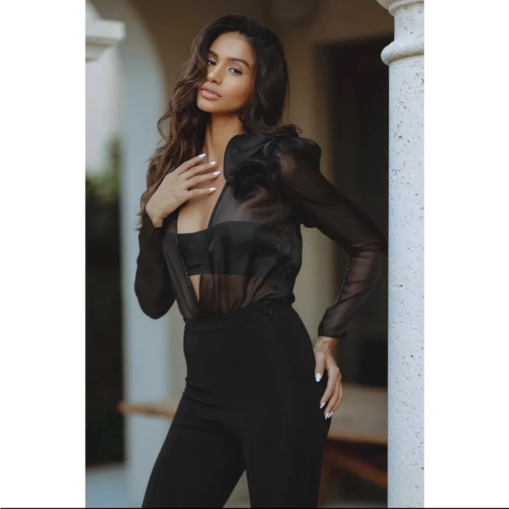 Anthropologie Bardot Black Organza Sheer Wrap Bodysuit Blouse Top Size 12 L - Image 10