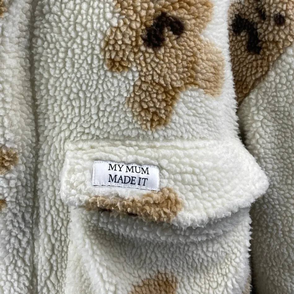 My Mum Made It White bBown Teddy Bear Fleece Zip Up Pockets Coat Jacket Size 8 - Image 3