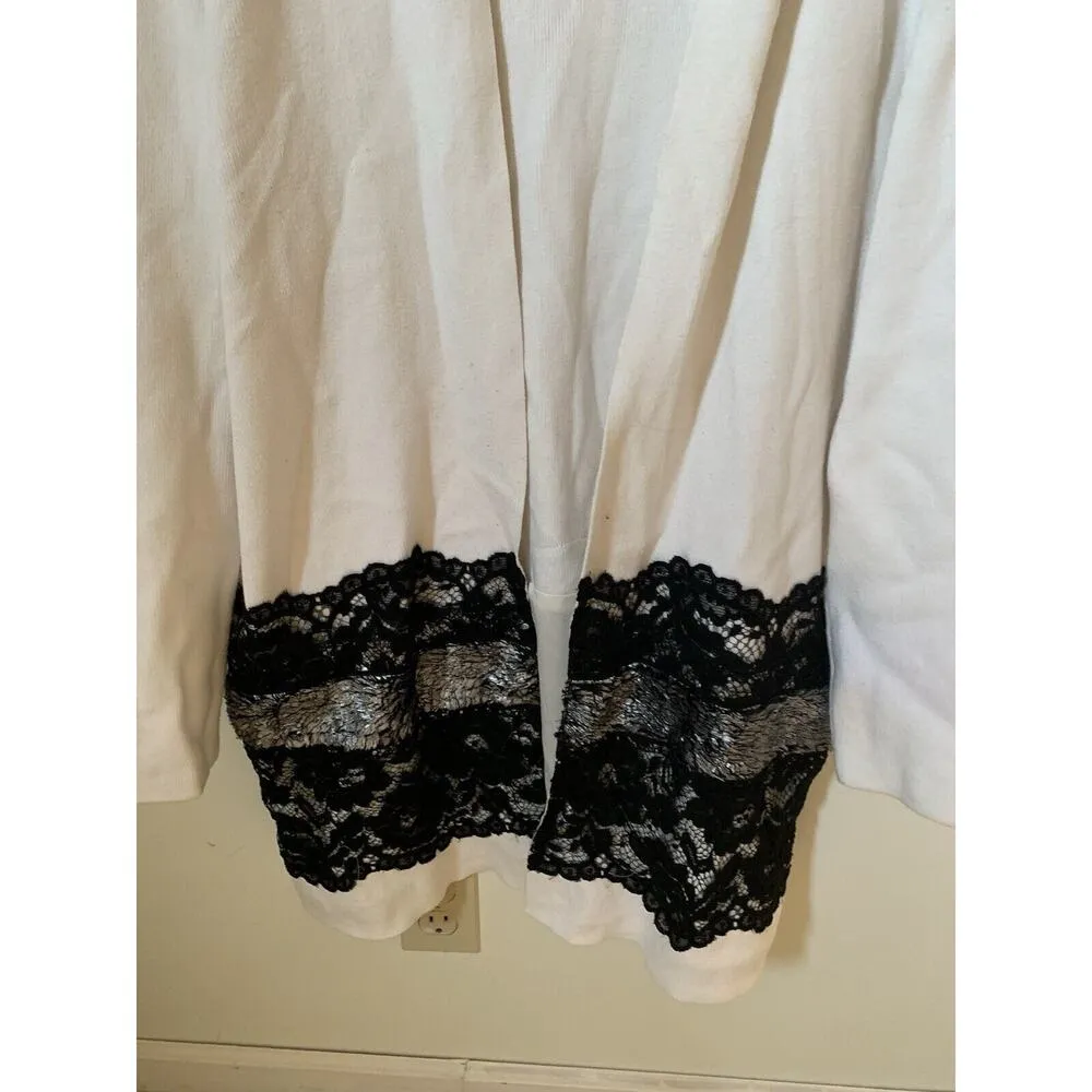Chicos Lace Drama Cardigan Sweater Sz 2 US Large Black White Long Sleeve Shimmer - Image 2