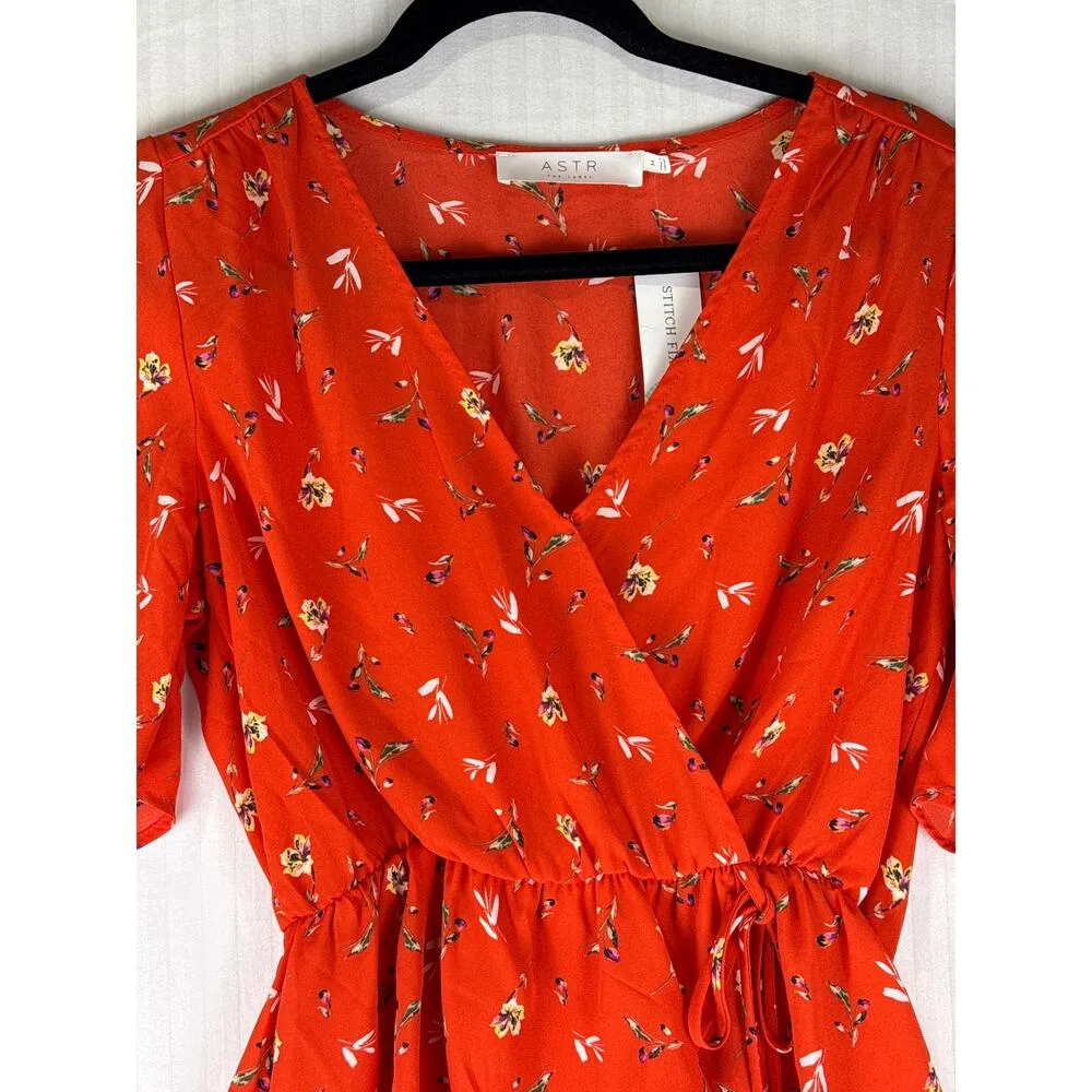 ASTR Tawnia Surplice Blouse Medium Red Floral Flutter Sleeve Peplum Wrap Tie - Image 2