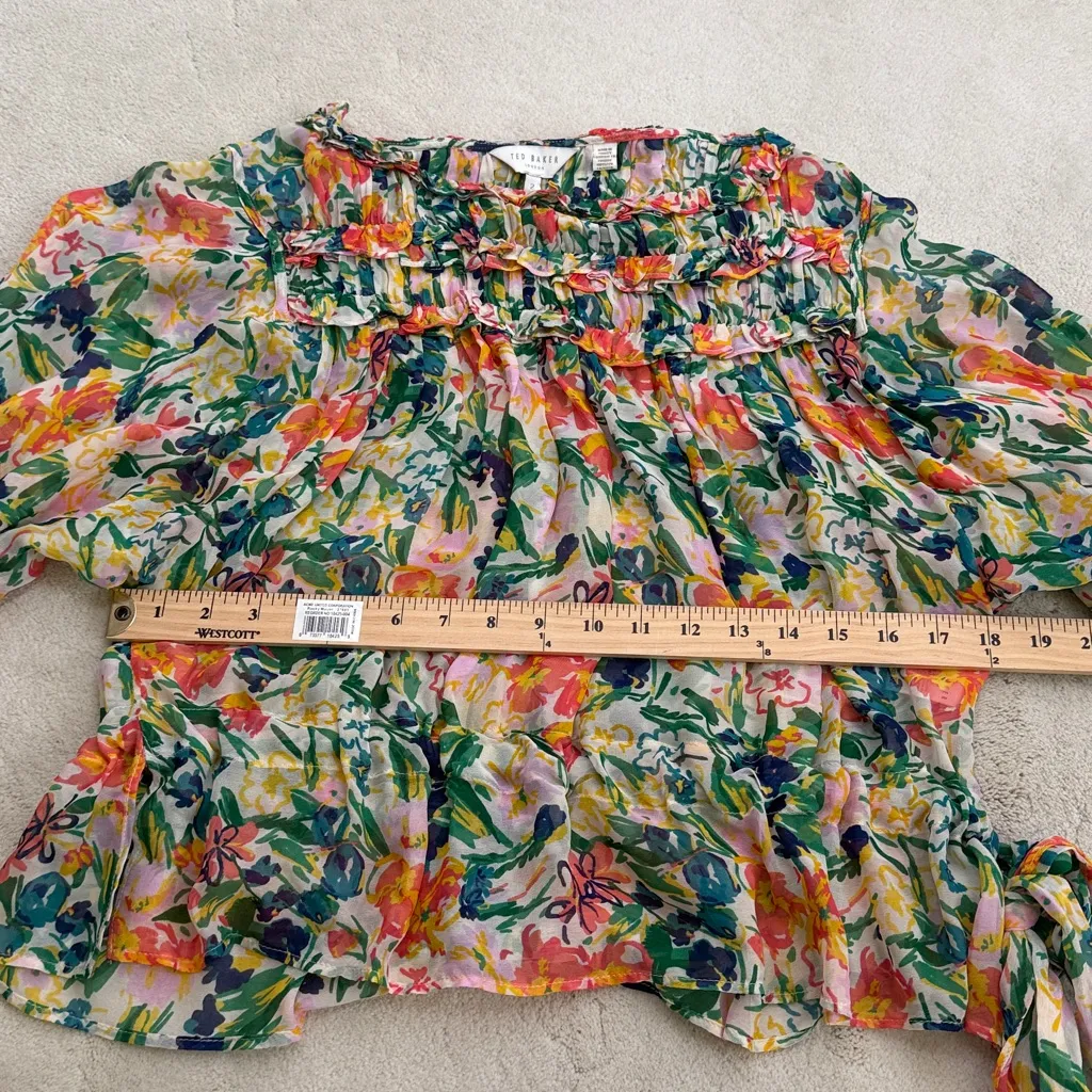 Ted Baker Kesara Floral Printed Ruffle Blouse Tie Waist Balloon Sleeves Size 6 - Image 12