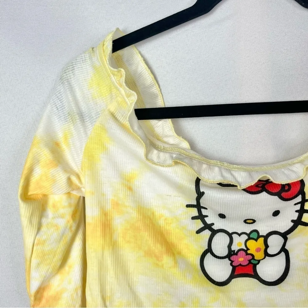SHEIN X Hello Kitty Yellow Tie Dye Ruffle Cropped Long Sleeve Top 0X - Image 4