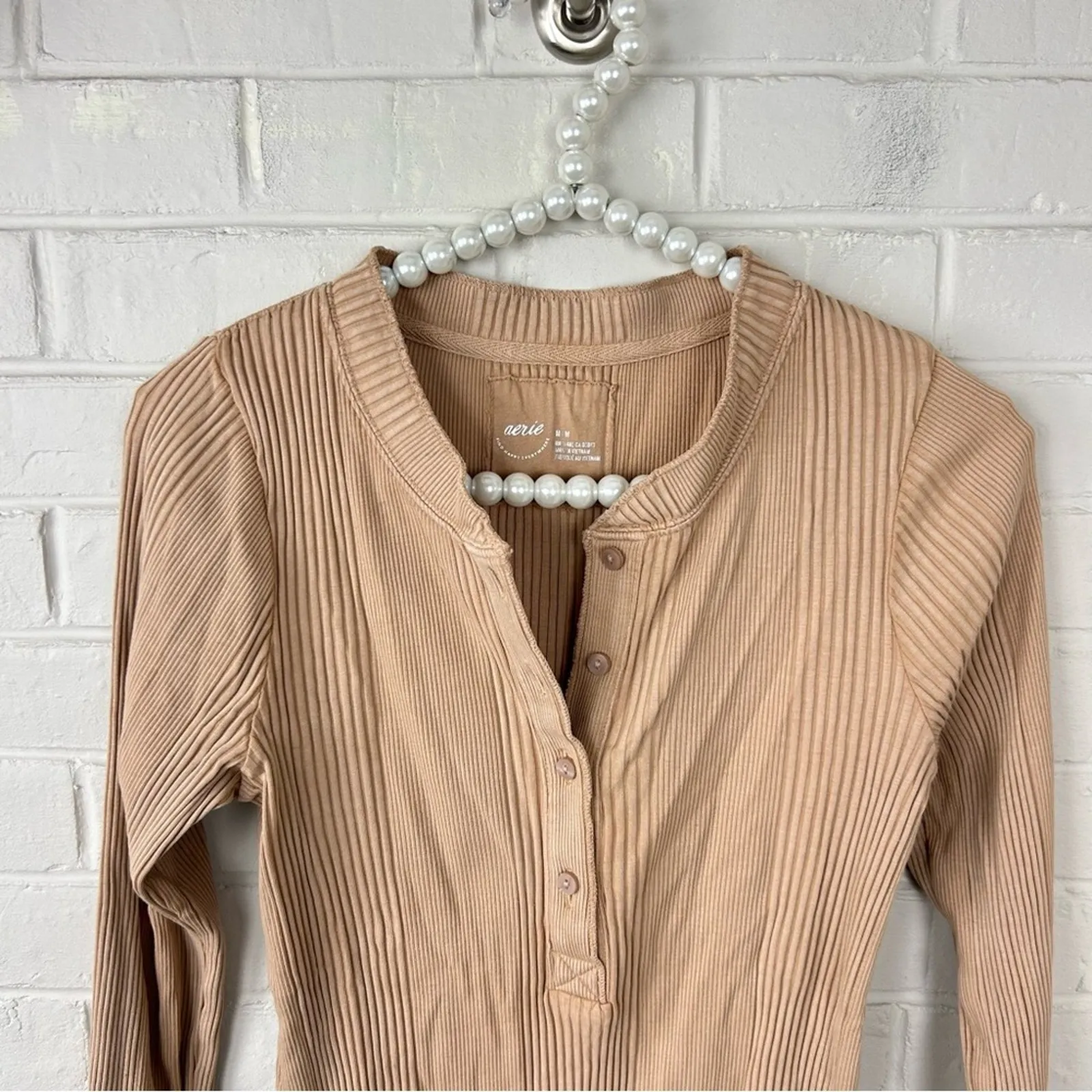 Aerie Road Trip Long Sleeve Henley Ribbed Shirt Size M - Image 4
