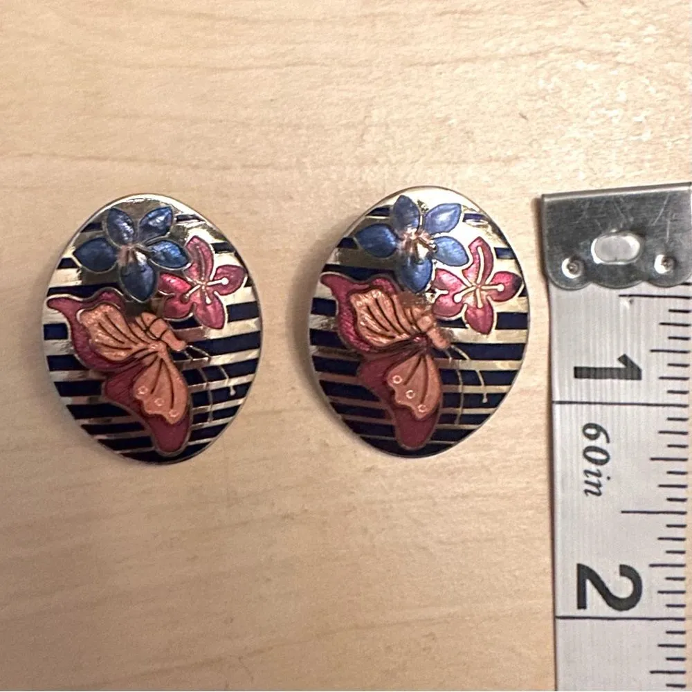EUC Cloisonne Butterfly and Floral Earrings Gold - Image 3