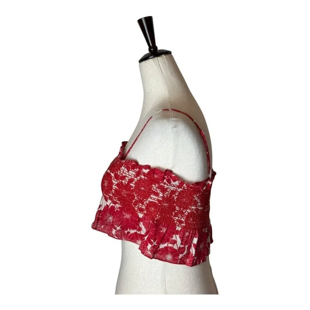 Lisa Marie Fernandez Tank Top 6 Red White Floral Print Smocked Cropped Cami Boho - Image 4