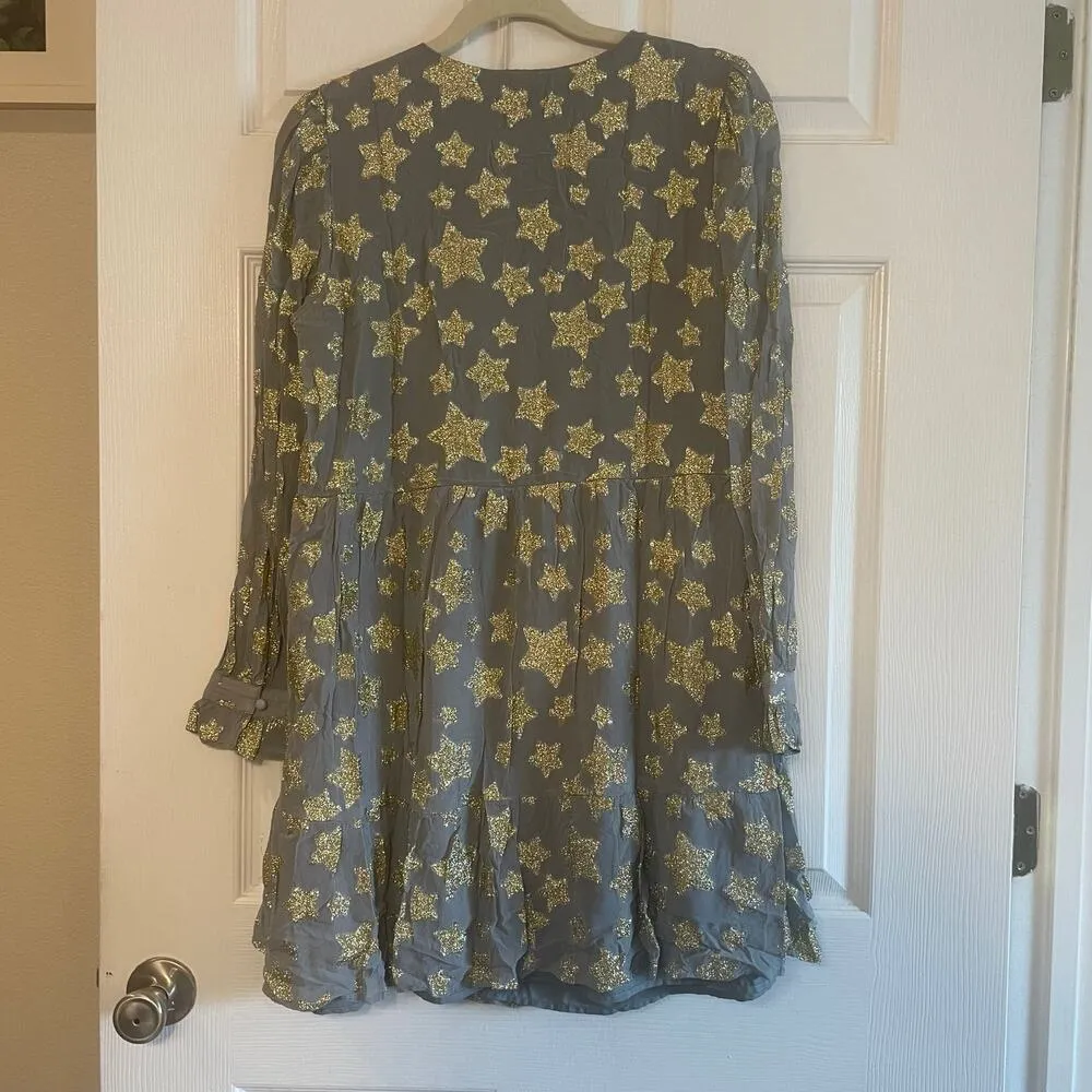 Loft Shimmer Gold Star Tiered Mini Dress | Size Medium - Image 2