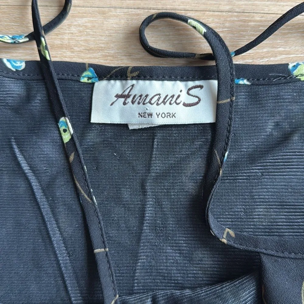 90s Vintage Amani S Black Cowl Neck Floral Tank Top Medium - Image 5