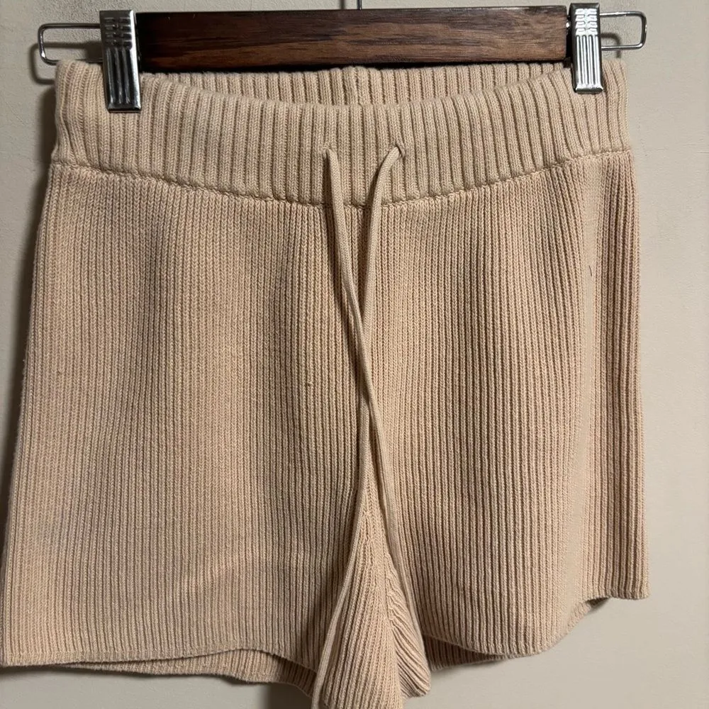 & Other Stories Ribbed Cotton Knit Shorts Oatmeal High Waist Drawstring- Size XS - Image 5