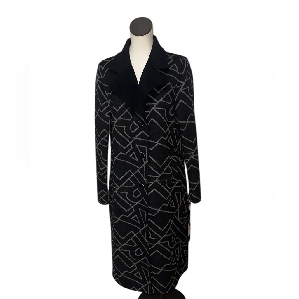 NWT KARL LAGERFELD PARIS Women Wool Blend Black Logo All Over Coat Oversize M - Image 4