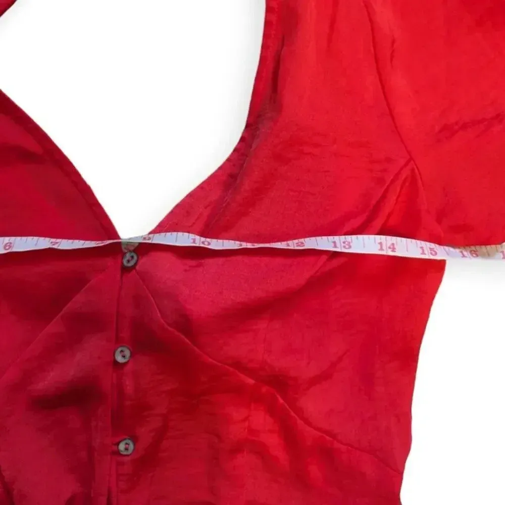 Express Midi Dress Red Waist Defined Button Front Open Back Silky Holiday - Image 8