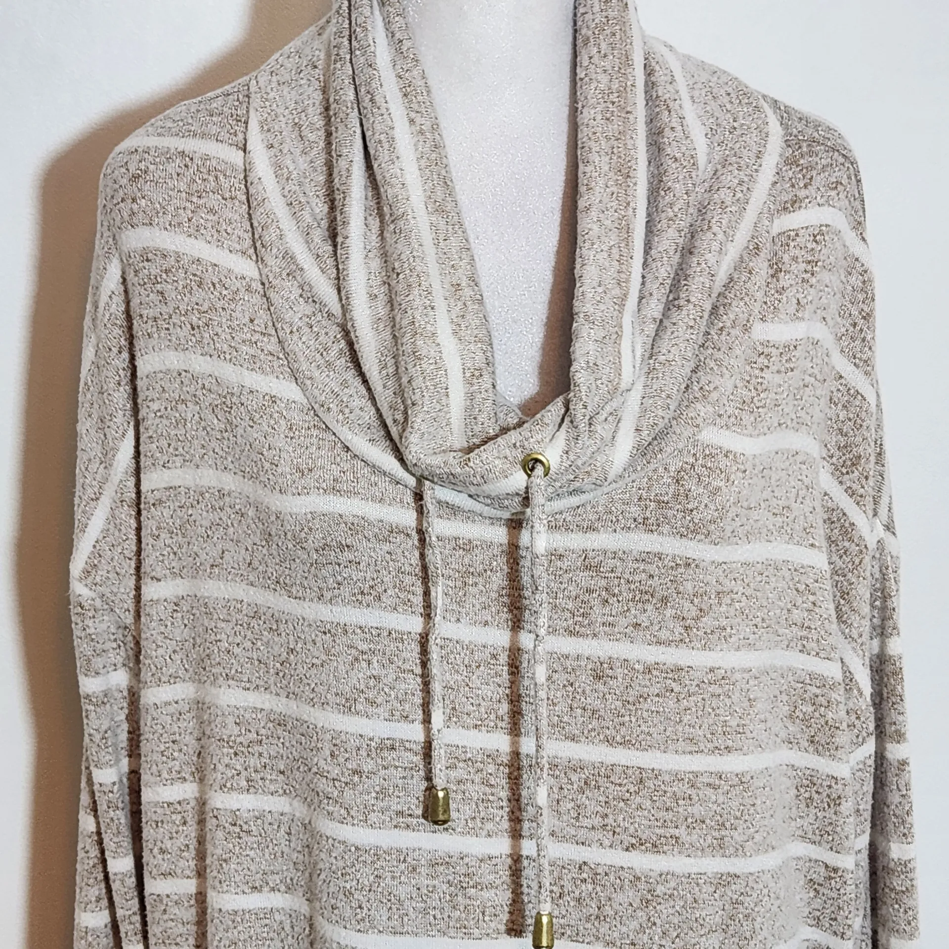 Ruby. Rd. Khaki and White Striped Cowl Neck Sweater Size XL Stripe Knit Sweater Tan - Image 3