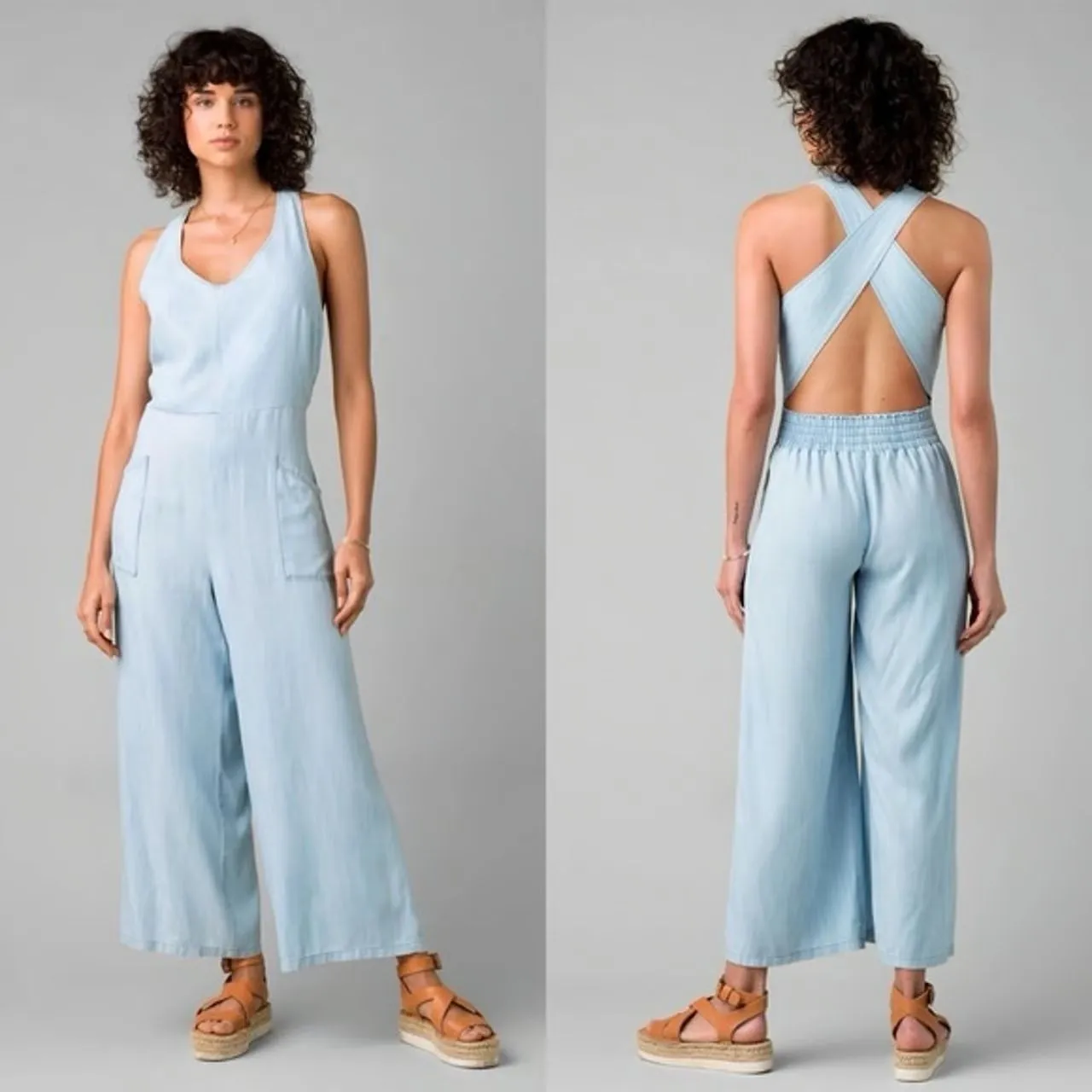 Prana Bahia Wide Leg Overall Jumpsuit Womens XL Blue Cross Back Pockets - Image 2