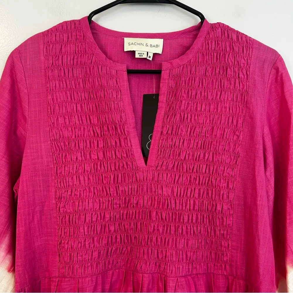 NWT Sachin + Babi Pink Ombre Ruched Long Balloon Sleeve Cotton Dress - Image 3