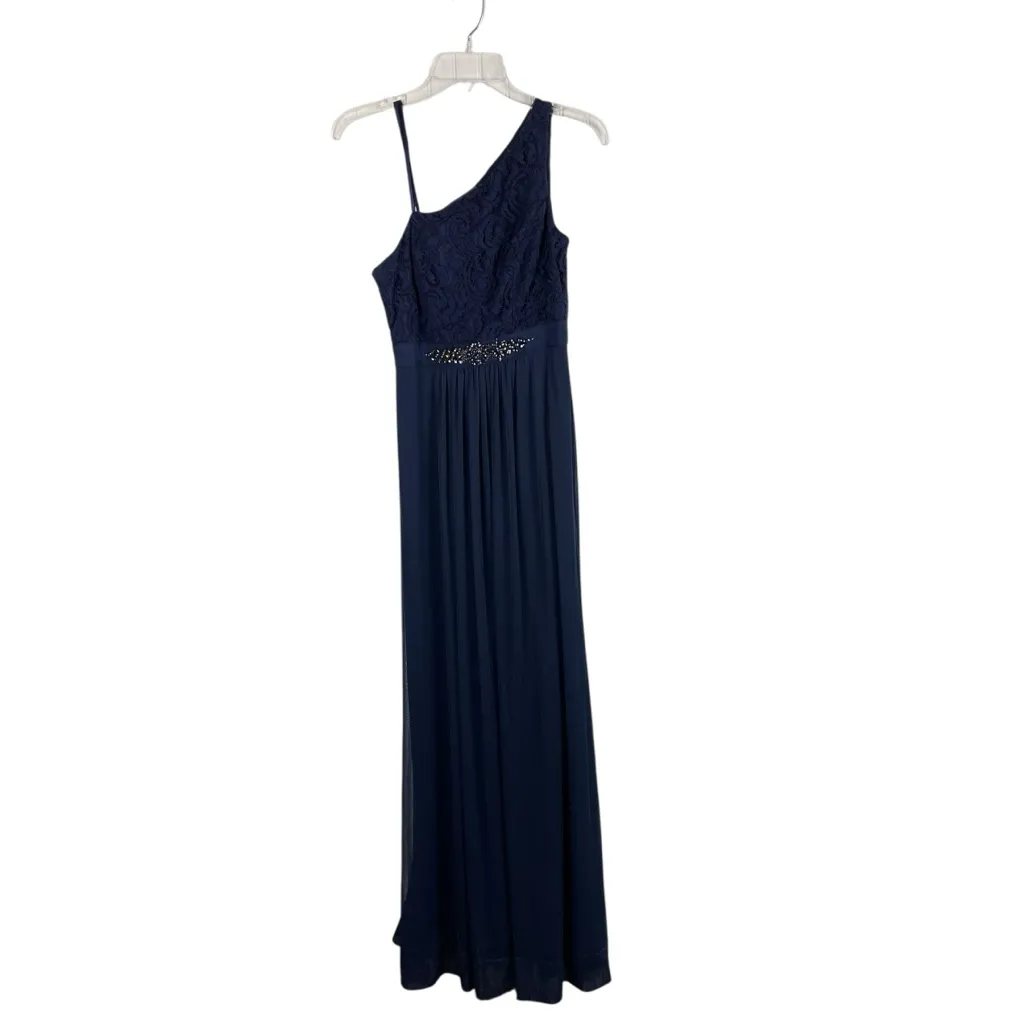 Adrianna Papell One Shoulder Lace Tulle Dress Gown Navy Blue Embellished Size 2 - Image 13