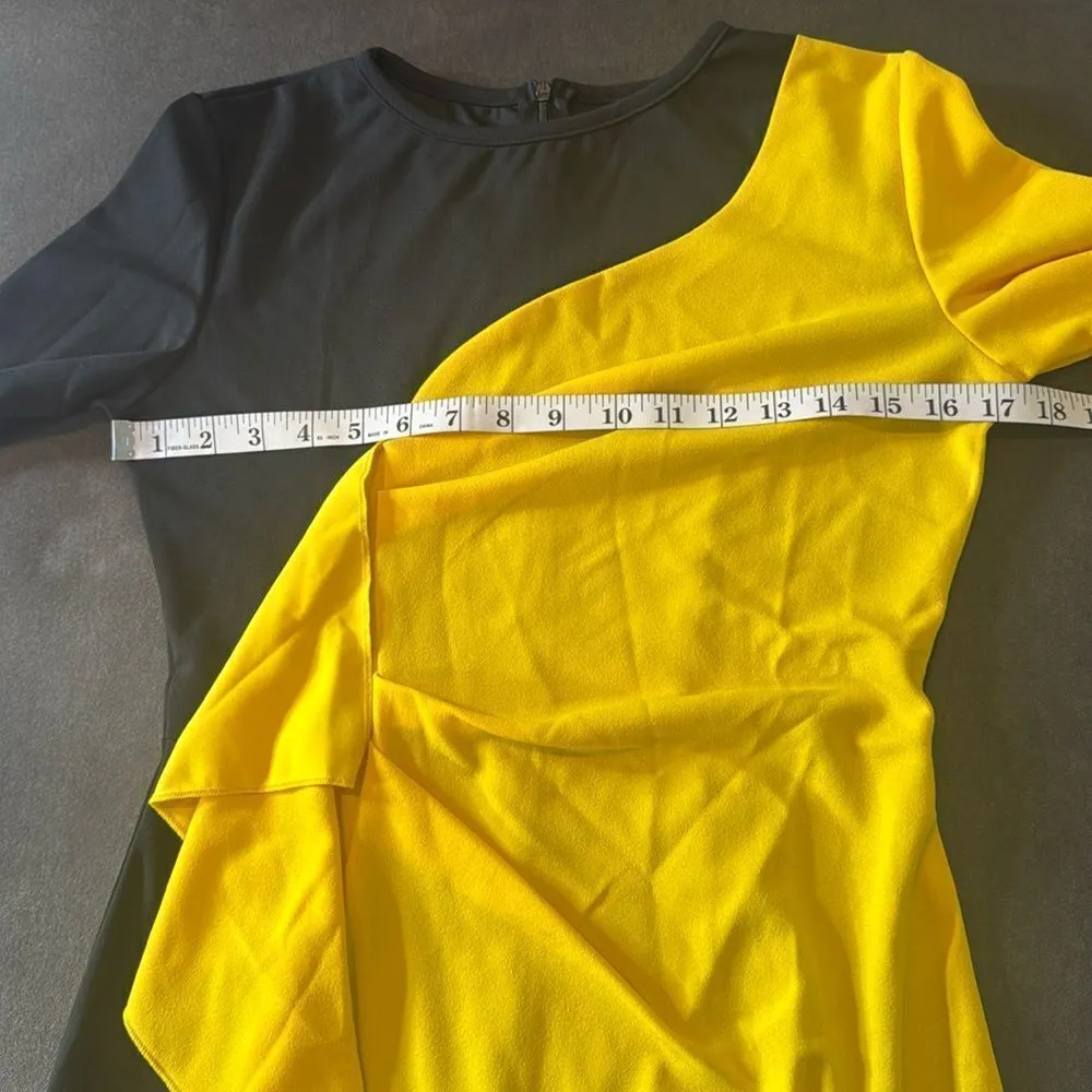 Women’s Black & Yellow Asymmetrical Ruffled Front Midi Dress 3/4 Sleeve Size S - Image 6